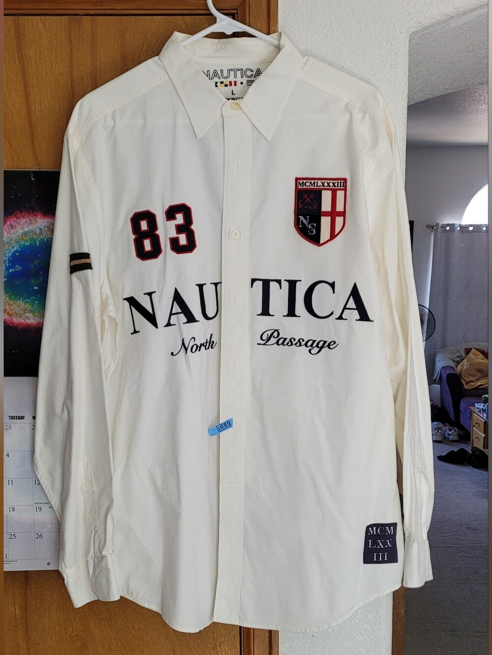 Nautica White Long-Sleeve Button-Down Shirt with Navy & Red Accents